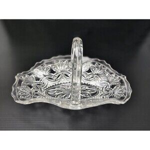 Duncan Miller Pressed Glass Sandwich Bridal Basket Candy Dish Loop Handle 7" Vtg